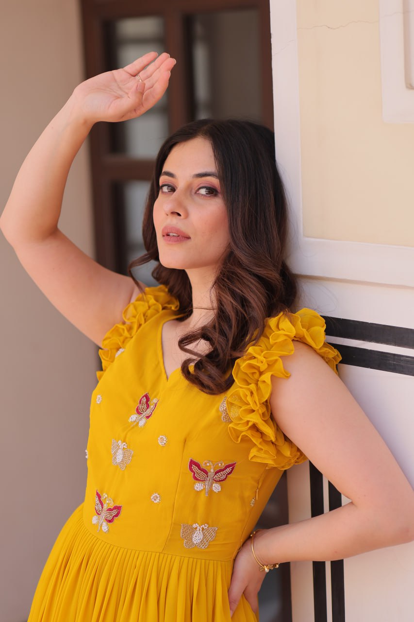 Yellow Luxe Faux Blooming Embroidered Gown with Double Frill Sleeves Clothsvilla