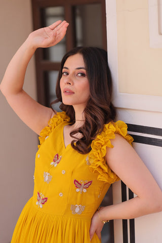Yellow Luxe Faux Blooming Embroidered Gown with Double Frill Sleeves Clothsvilla