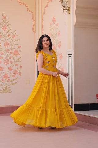 Yellow Luxe Faux Blooming Embroidered Gown with Double Frill Sleeves Clothsvilla