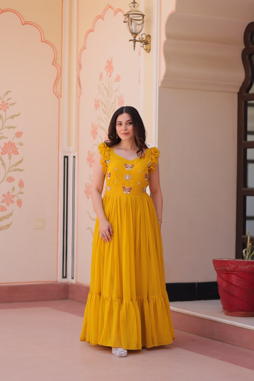 Yellow Luxe Faux Blooming Embroidered Gown with Double Frill Sleeves Clothsvilla