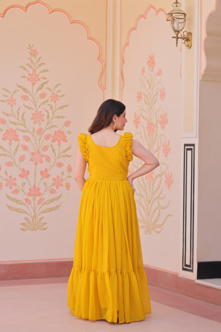 Yellow Luxe Faux Blooming Embroidered Gown with Double Frill Sleeves Clothsvilla