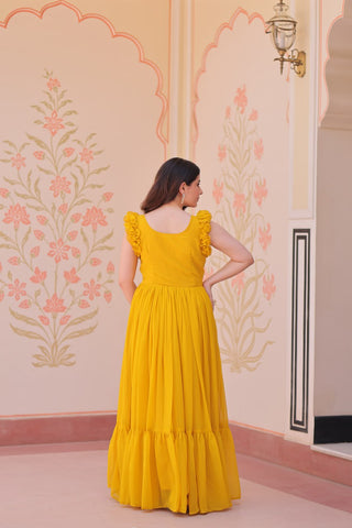 Yellow Luxe Faux Blooming Embroidered Gown with Double Frill Sleeves Clothsvilla