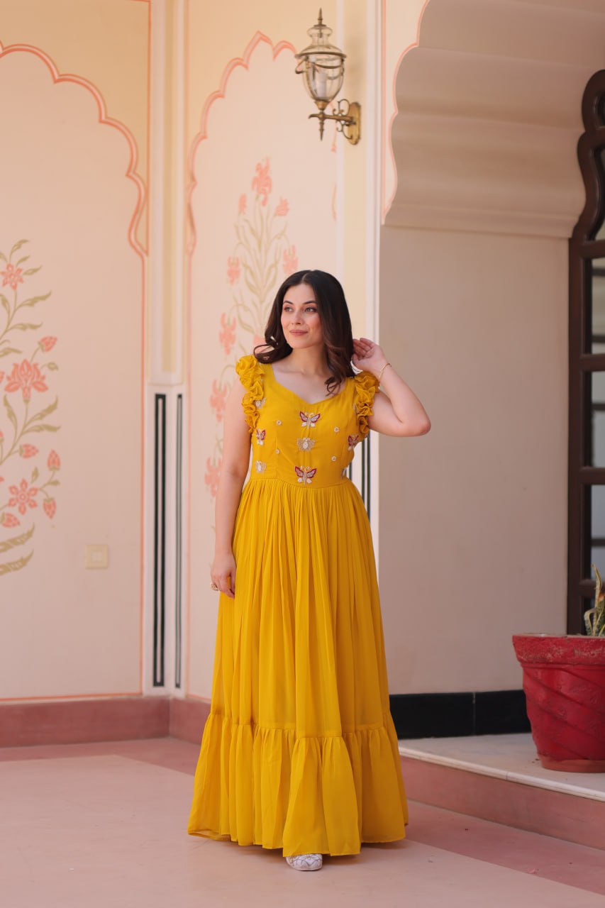 Yellow Luxe Faux Blooming Embroidered Gown with Double Frill Sleeves Clothsvilla Main image