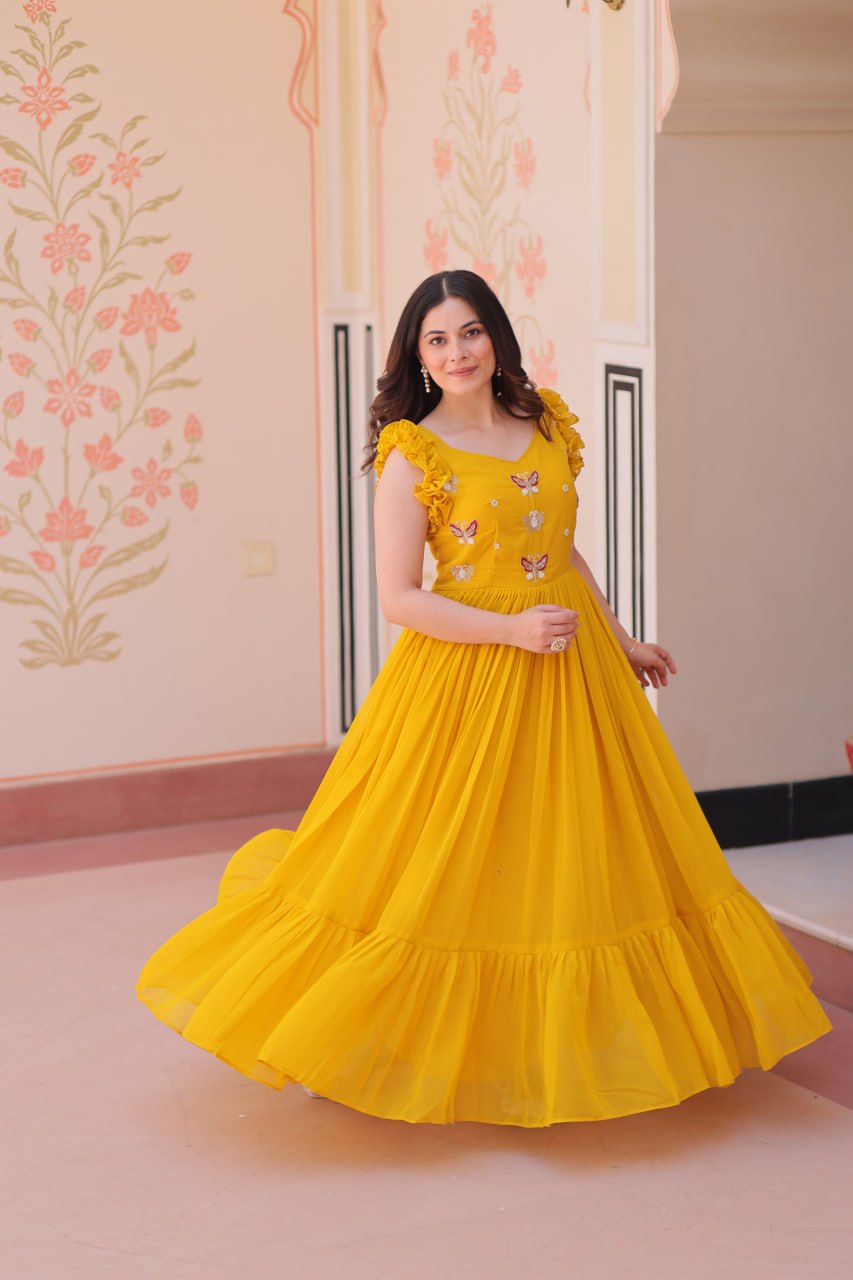 Yellow Luxe Faux Blooming Embroidered Gown with Double Frill Sleeves Clothsvilla
