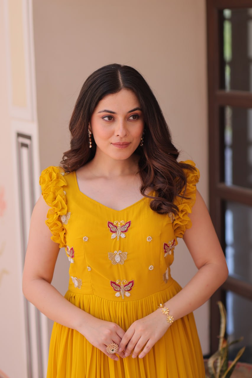 Yellow Luxe Faux Blooming Embroidered Gown with Double Frill Sleeves Clothsvilla