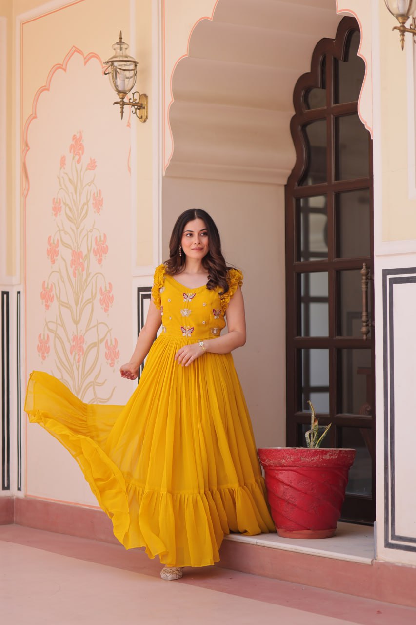 Yellow Luxe Faux Blooming Embroidered Gown with Double Frill Sleeves Clothsvilla