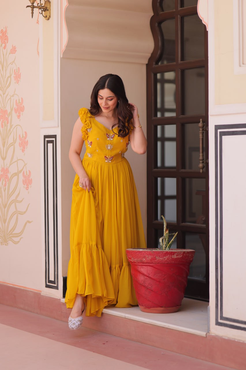 Yellow Luxe Faux Blooming Embroidered Gown with Double Frill Sleeves Clothsvilla