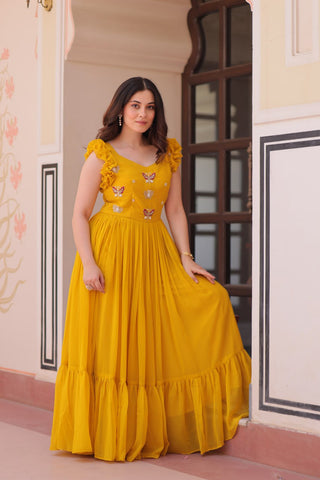 Yellow Luxe Faux Blooming Embroidered Gown with Double Frill Sleeves Clothsvilla
