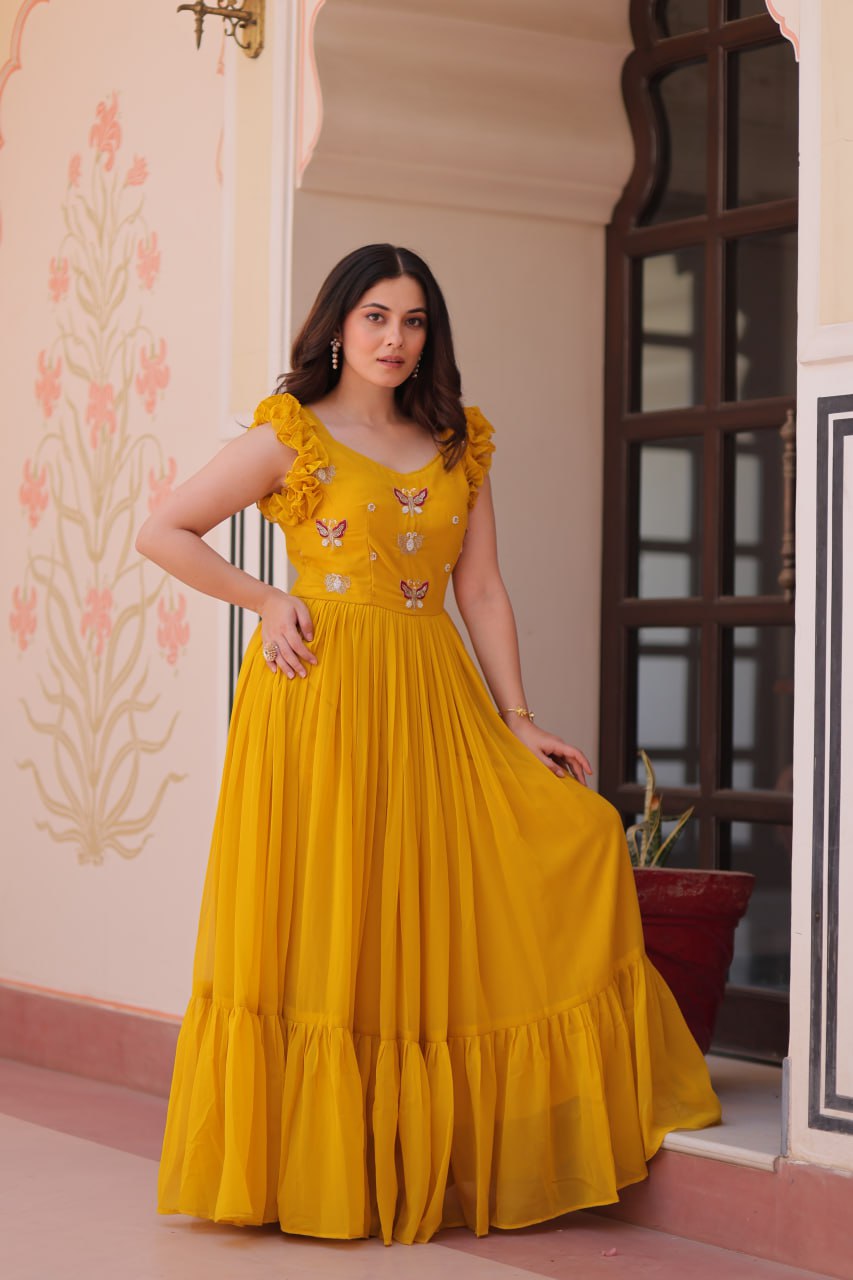 Yellow Luxe Faux Blooming Embroidered Gown with Double Frill Sleeves Clothsvilla