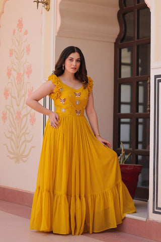 Yellow Luxe Faux Blooming Embroidered Gown with Double Frill Sleeves Clothsvilla