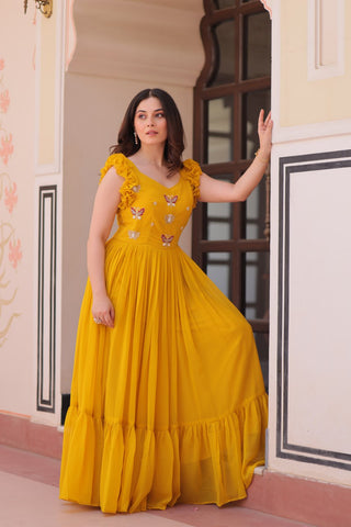 Yellow Luxe Faux Blooming Embroidered Gown with Double Frill Sleeves Clothsvilla