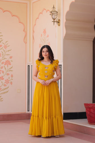 Yellow Luxe Faux Blooming Embroidered Gown with Double Frill Sleeves Clothsvilla