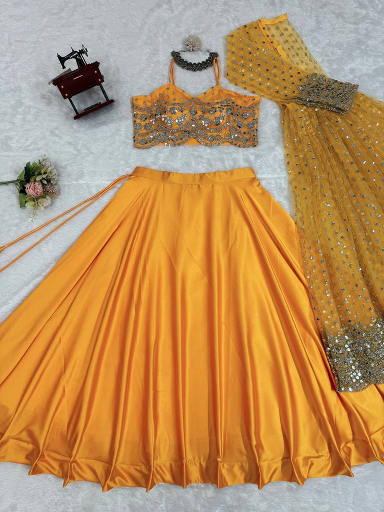 Yellow Luxe Radiance Lehenga Choli Set with Stylish Koti – Japan Satin & Butterfly Net with Sequin Embroidery ClothsVilla