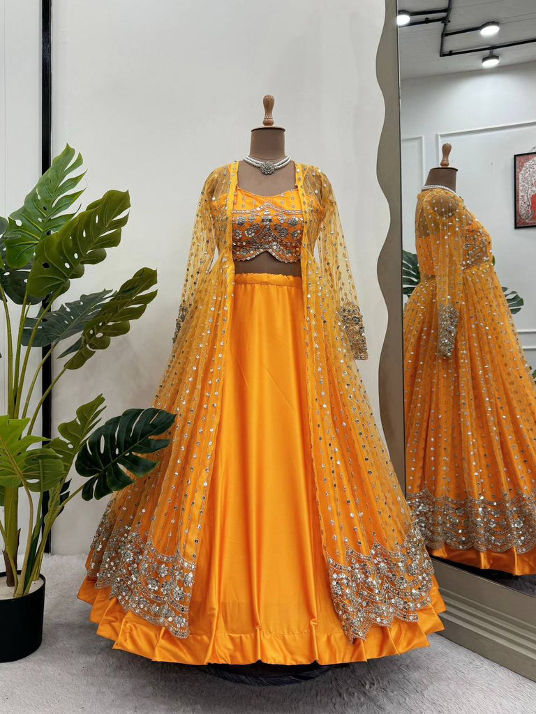 Yellow Luxe Radiance Lehenga Choli Set with Stylish Koti – Japan Satin & Butterfly Net with Sequin Embroidery ClothsVilla