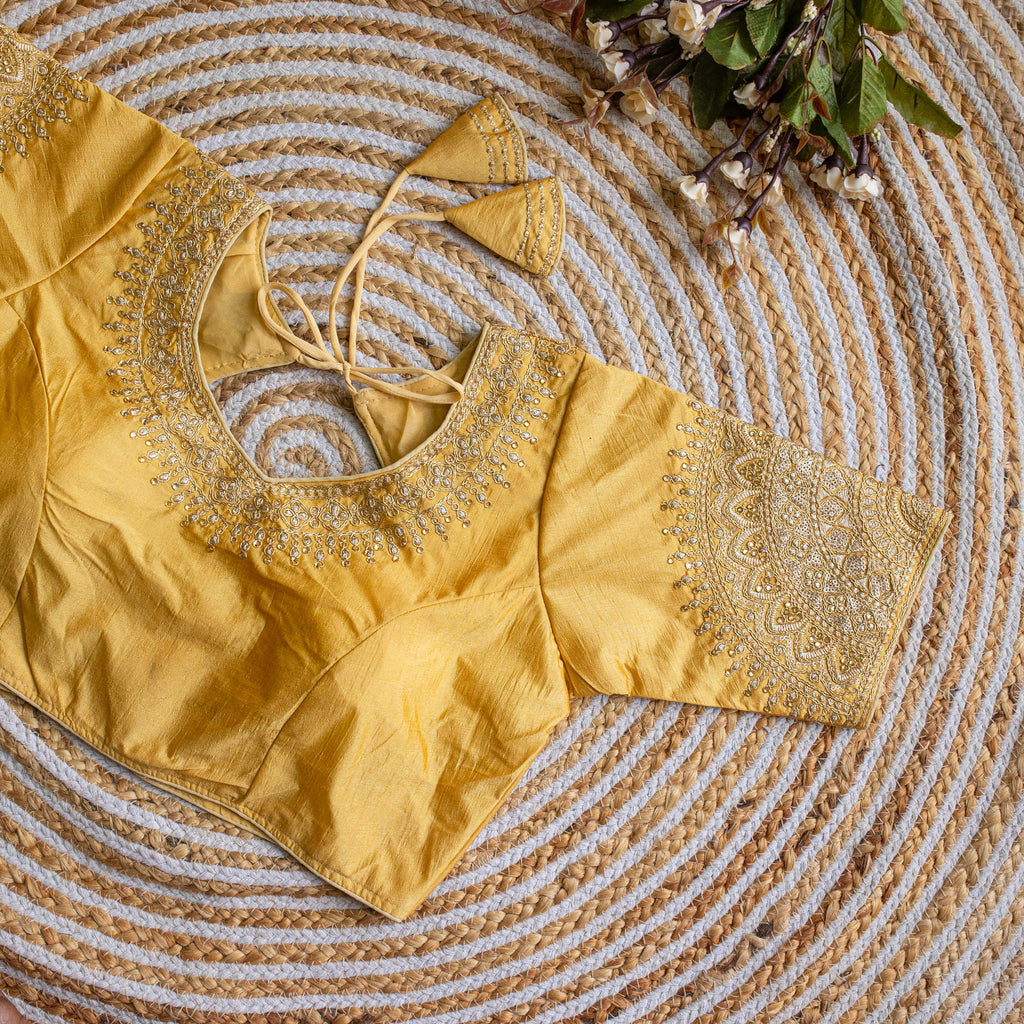 Yellow Luxurious Lucknowi Silk Blouse with Golden Embroidery and Sequins ClothsVilla