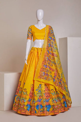 Yellow Luxury Heavy Silk Lehenga Set with Embroidery, Sequins & Printed Detailing ClothsVilla