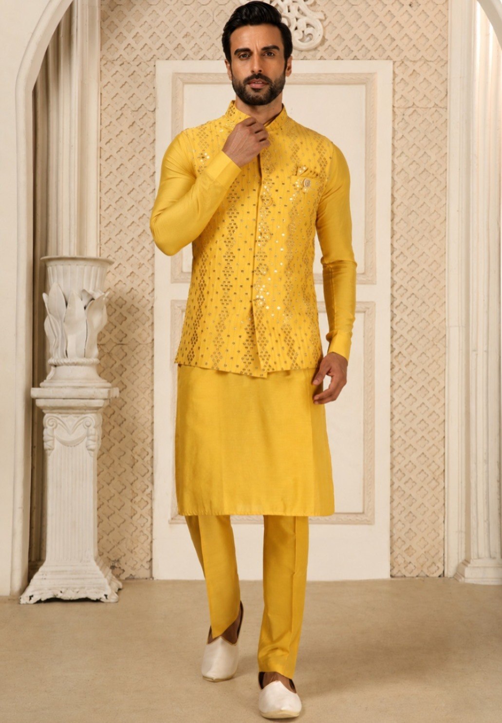 Yellow Men's Silk Kurta Pajama Set ClothsVilla