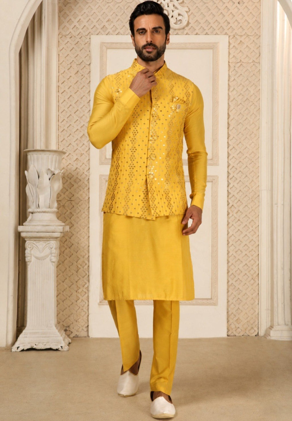 Yellow Men's Silk Kurta Pajama Set ClothsVilla