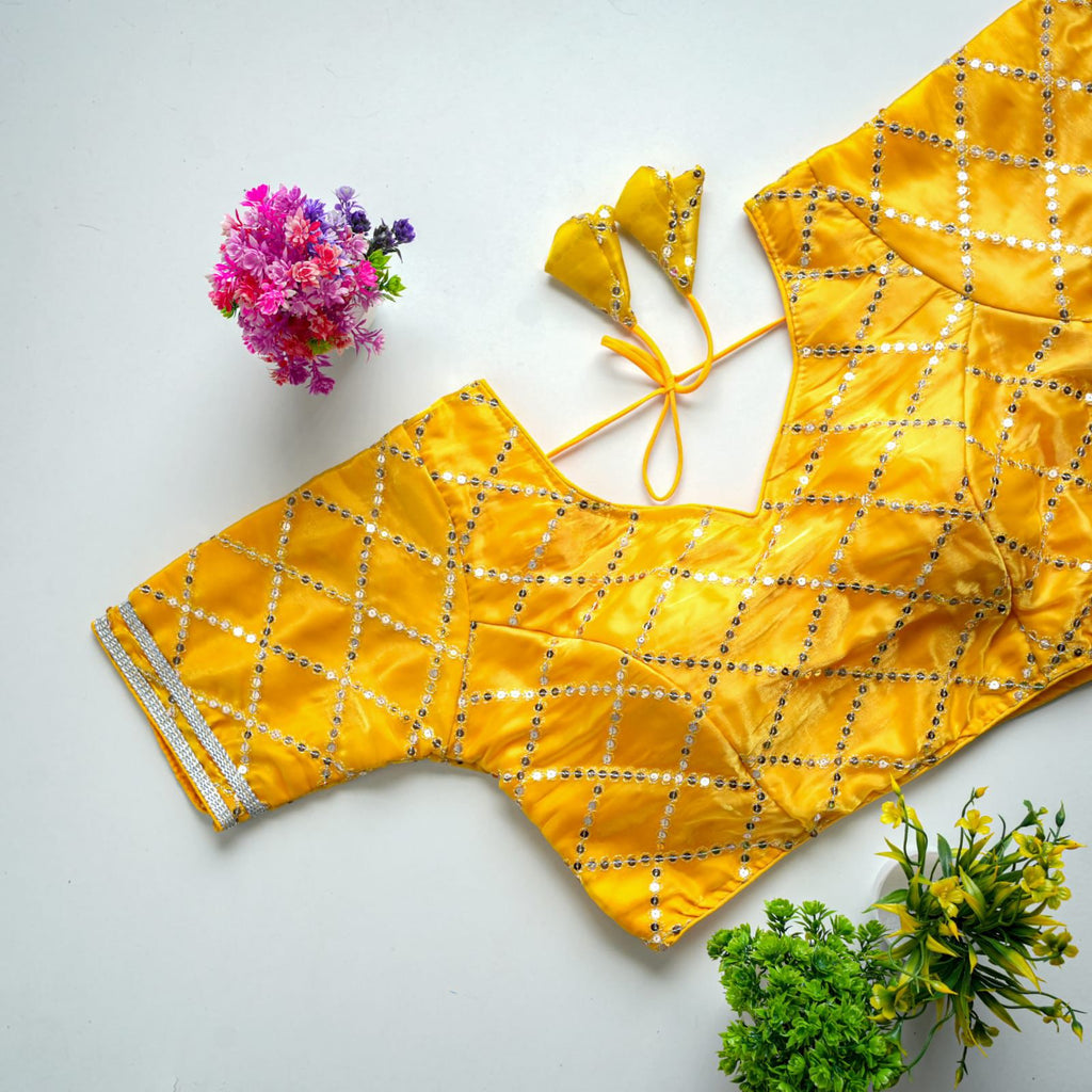 Yellow Metalic Jimmy Choo Blouse with Exquisite Sequence Embroidery ClothsVilla