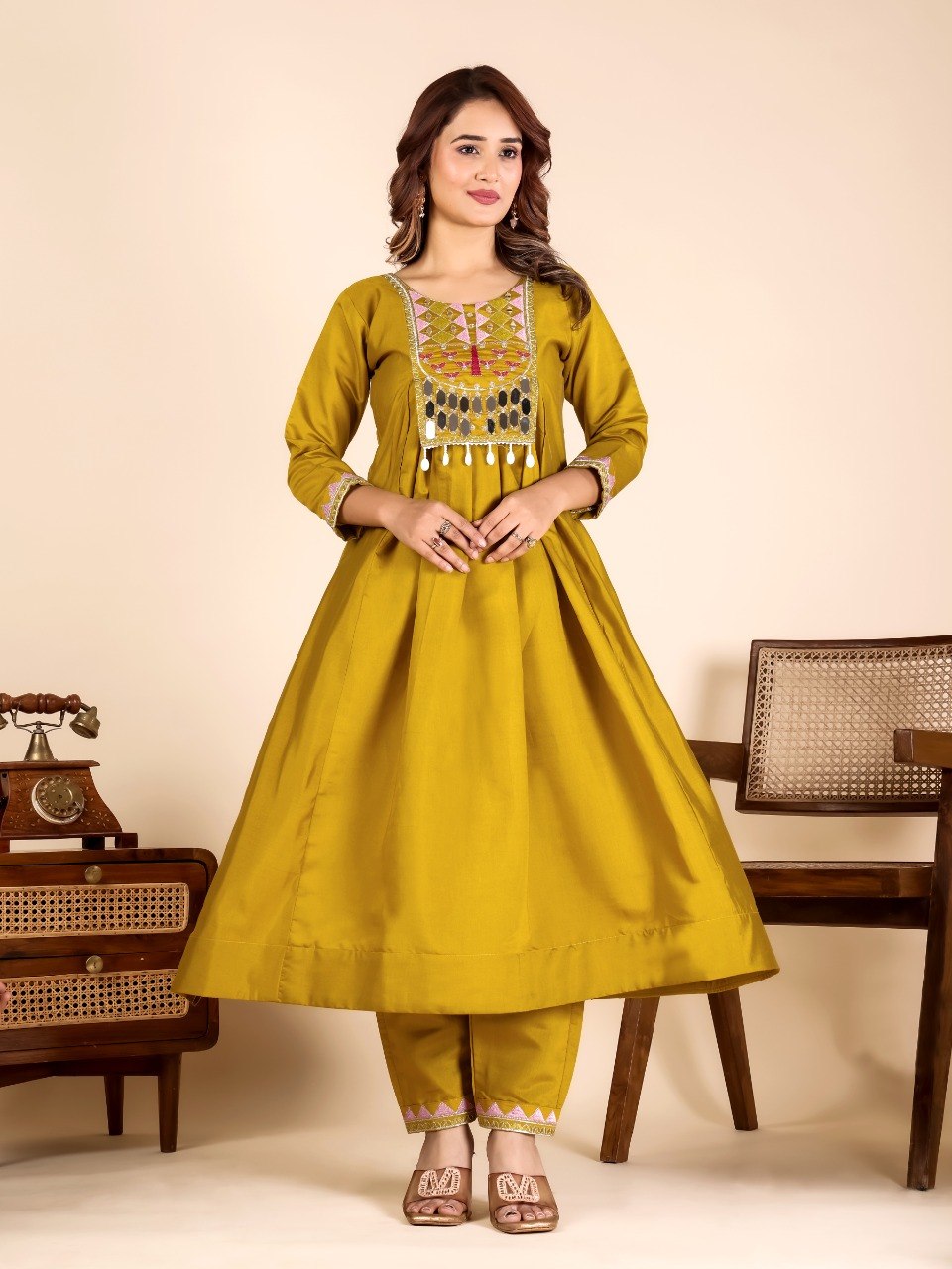 Yellow Mirror Work Kurta Pant Set ClothsVilla