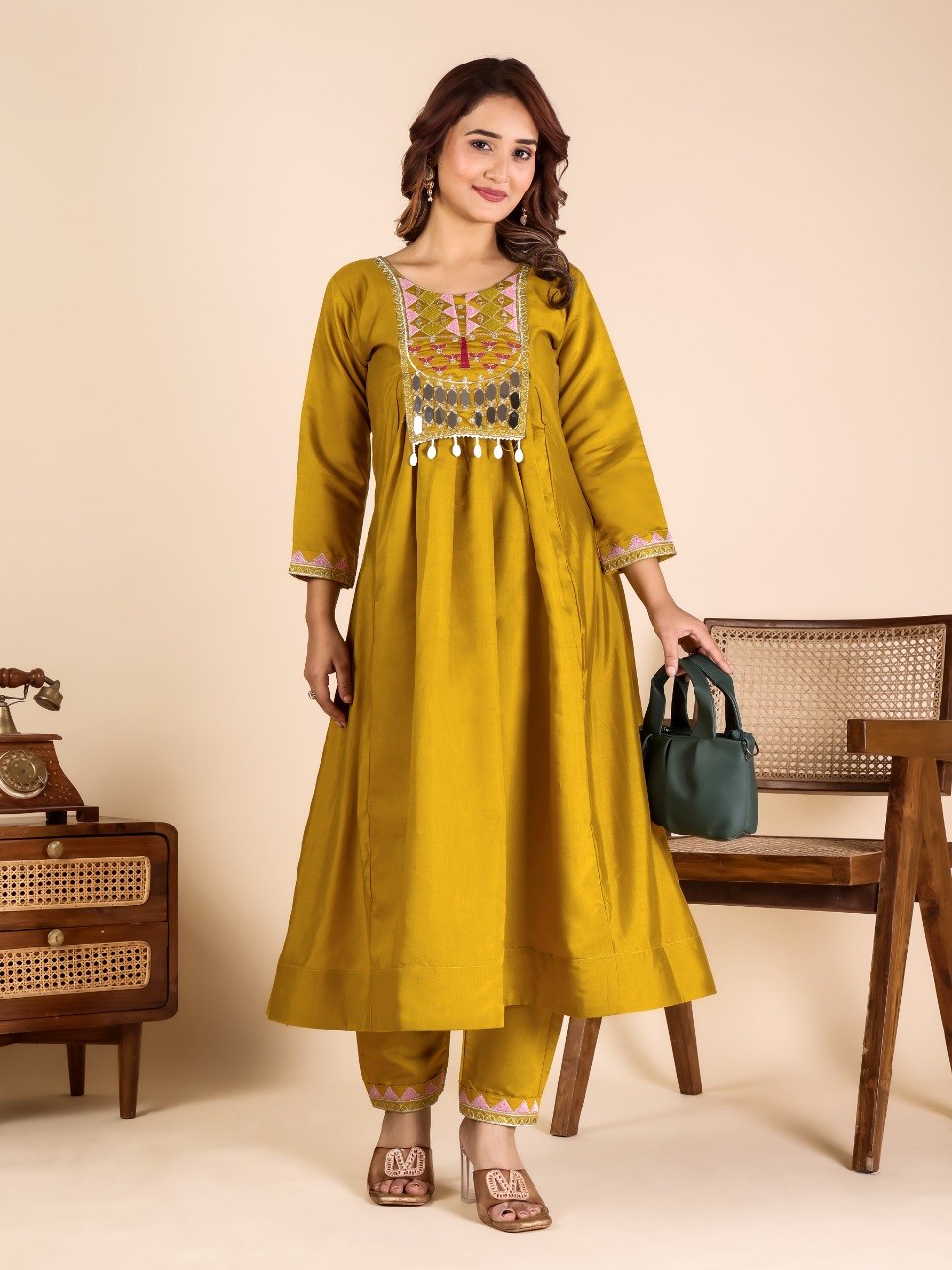 Yellow Mirror Work Kurta Pant Set ClothsVilla