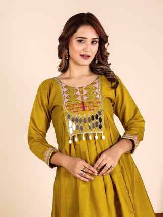 Yellow Mirror Work Kurta Pant Set ClothsVilla
