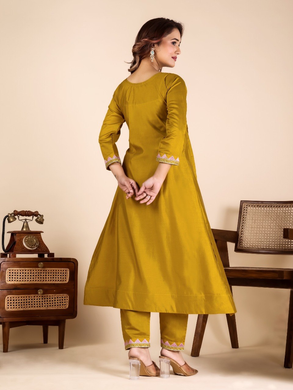 Yellow Mirror Work Kurta Pant Set ClothsVilla