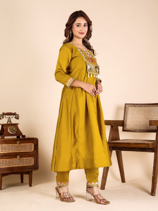 Yellow Mirror Work Kurta Pant Set ClothsVilla