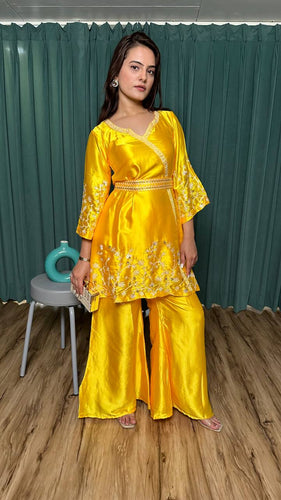 Yellow Modern Elegance – Stunning Satin Georgette Co-Ord Set ClothsVilla