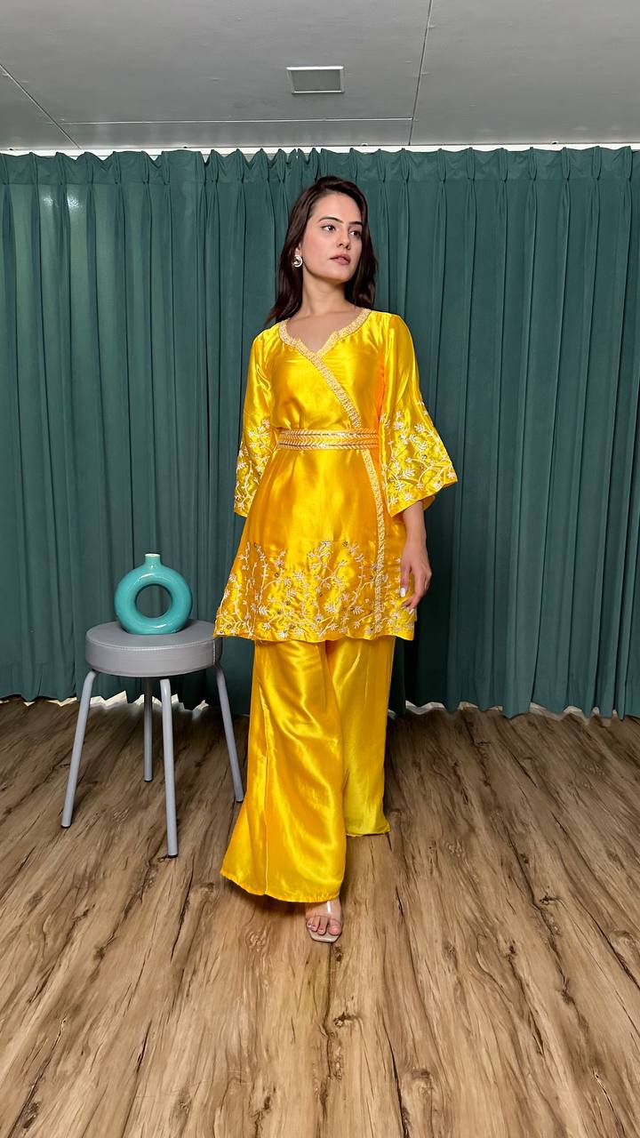 Yellow Modern Elegance – Stunning Satin Georgette Co-Ord Set ClothsVilla