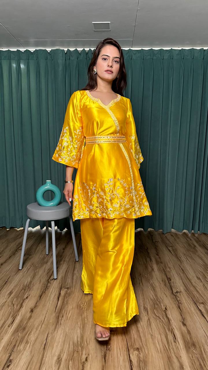 Yellow Modern Elegance – Stunning Satin Georgette Co-Ord Set ClothsVilla Main image
