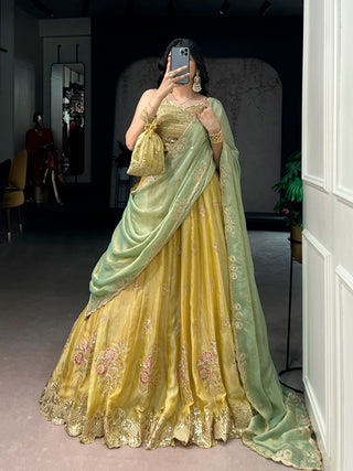 Yellow Moss Silk Embroidered Lehenga with Batwa ClothsVilla