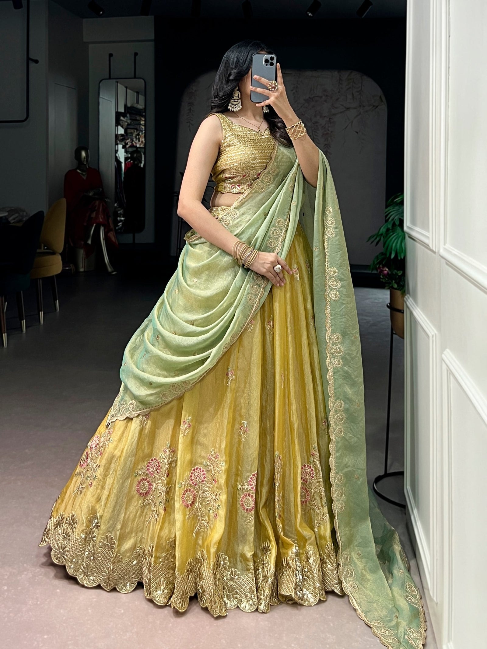 Yellow Moss Silk Embroidered Lehenga with Batwa ClothsVilla