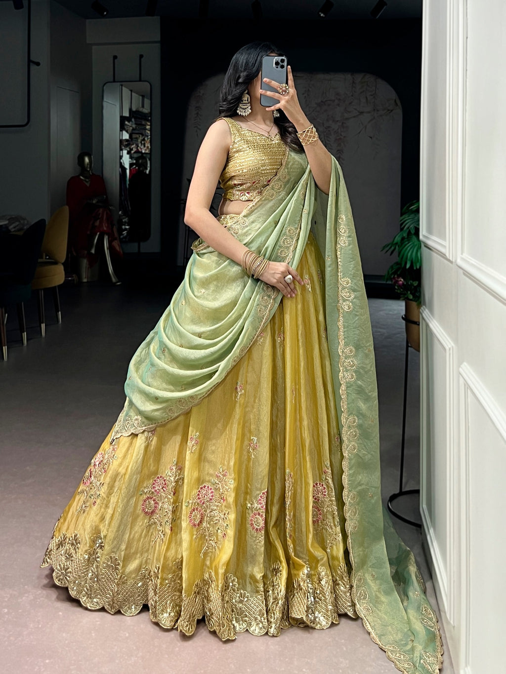 Yellow Moss Silk Embroidered Lehenga with Batwa ClothsVilla