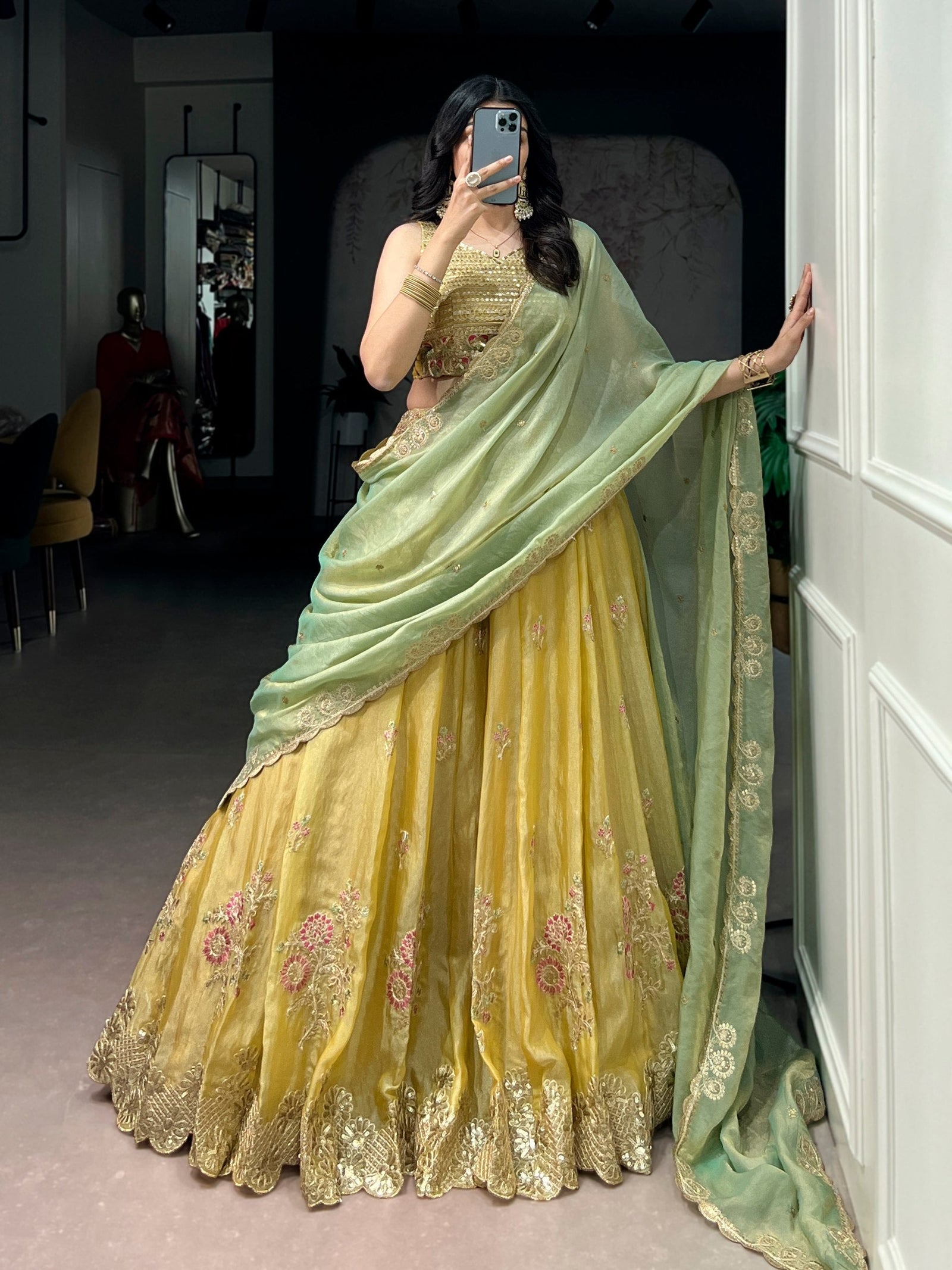 Yellow Moss Silk Embroidered Lehenga with Batwa ClothsVilla
