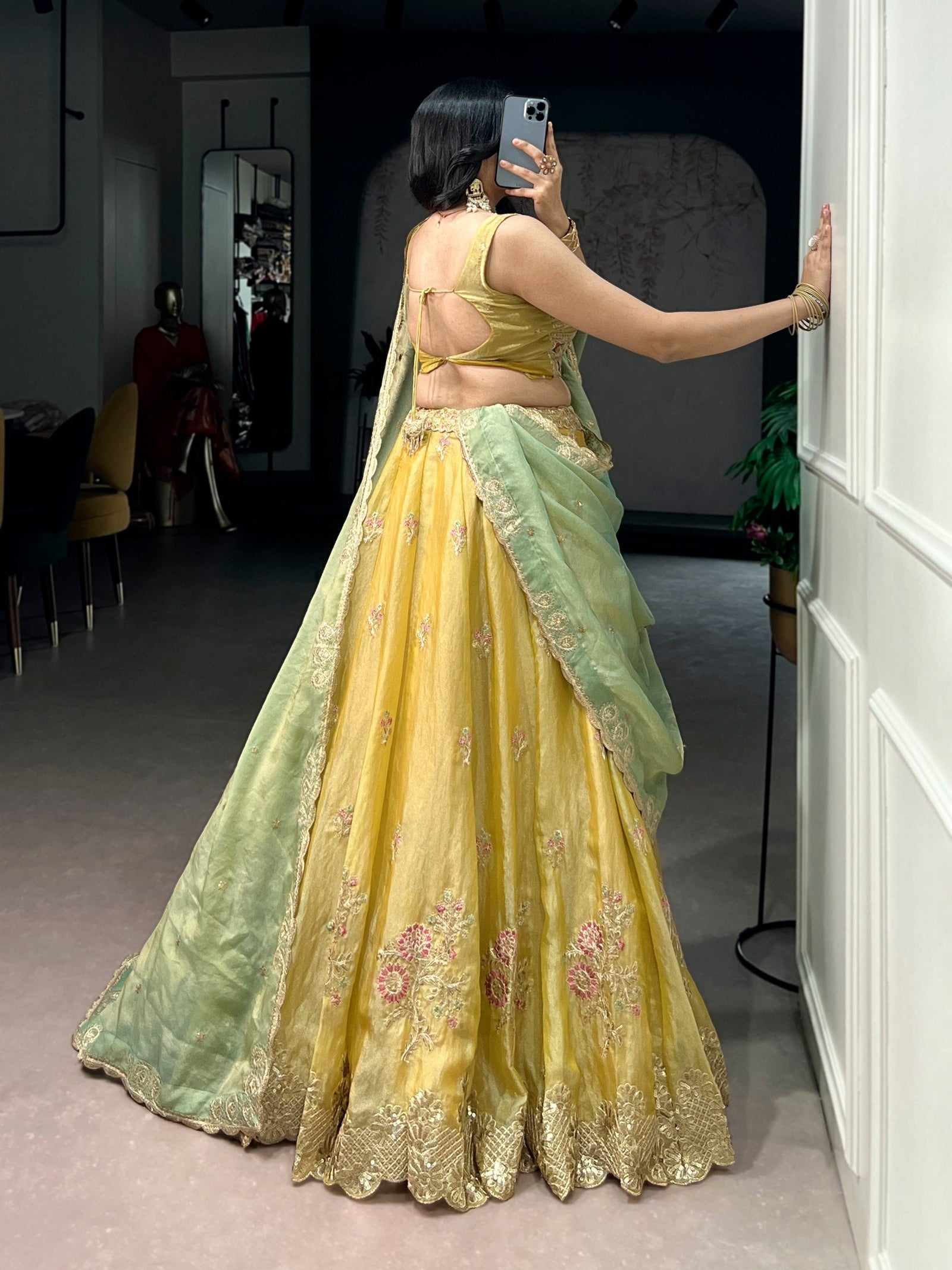 Yellow Moss Silk Embroidered Lehenga with Batwa ClothsVilla