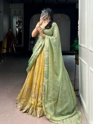 Yellow Moss Silk Embroidered Lehenga with Batwa ClothsVilla