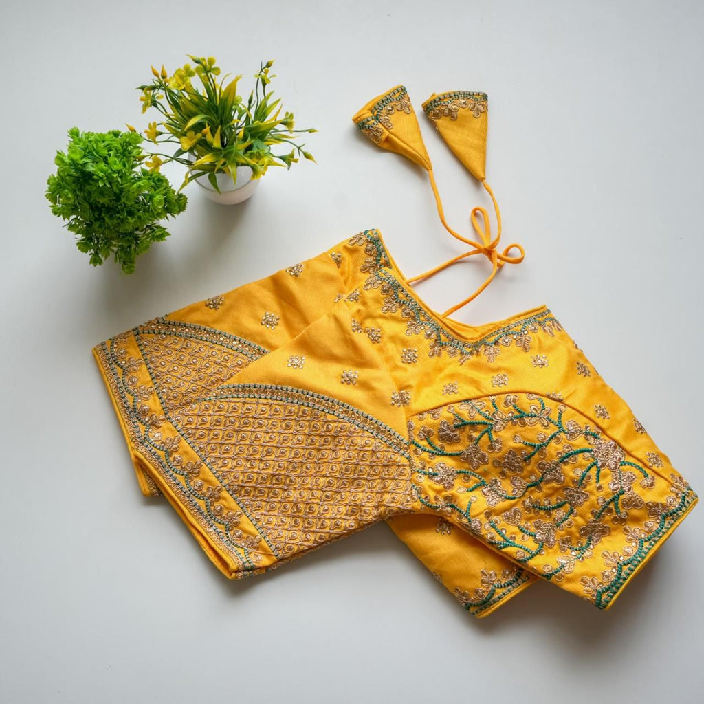 Yellow Mulmul Silk Blouse with Golden Embroidery and Sequins ClothsVilla