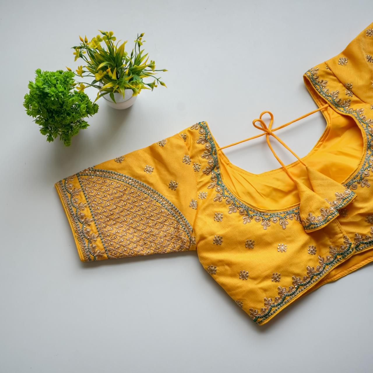 Yellow Mulmul Silk Blouse with Golden Embroidery and Sequins ClothsVilla Main image