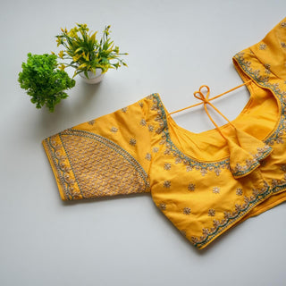 Yellow Mulmul Silk Blouse with Golden Embroidery and Sequins ClothsVilla