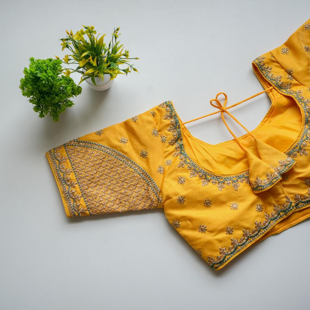 Yellow Mulmul Silk Blouse with Golden Embroidery and Sequins ClothsVilla