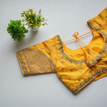 Load image into Gallery viewer, Yellow Mulmul Silk Blouse with Golden Embroidery and Sequins ClothsVilla