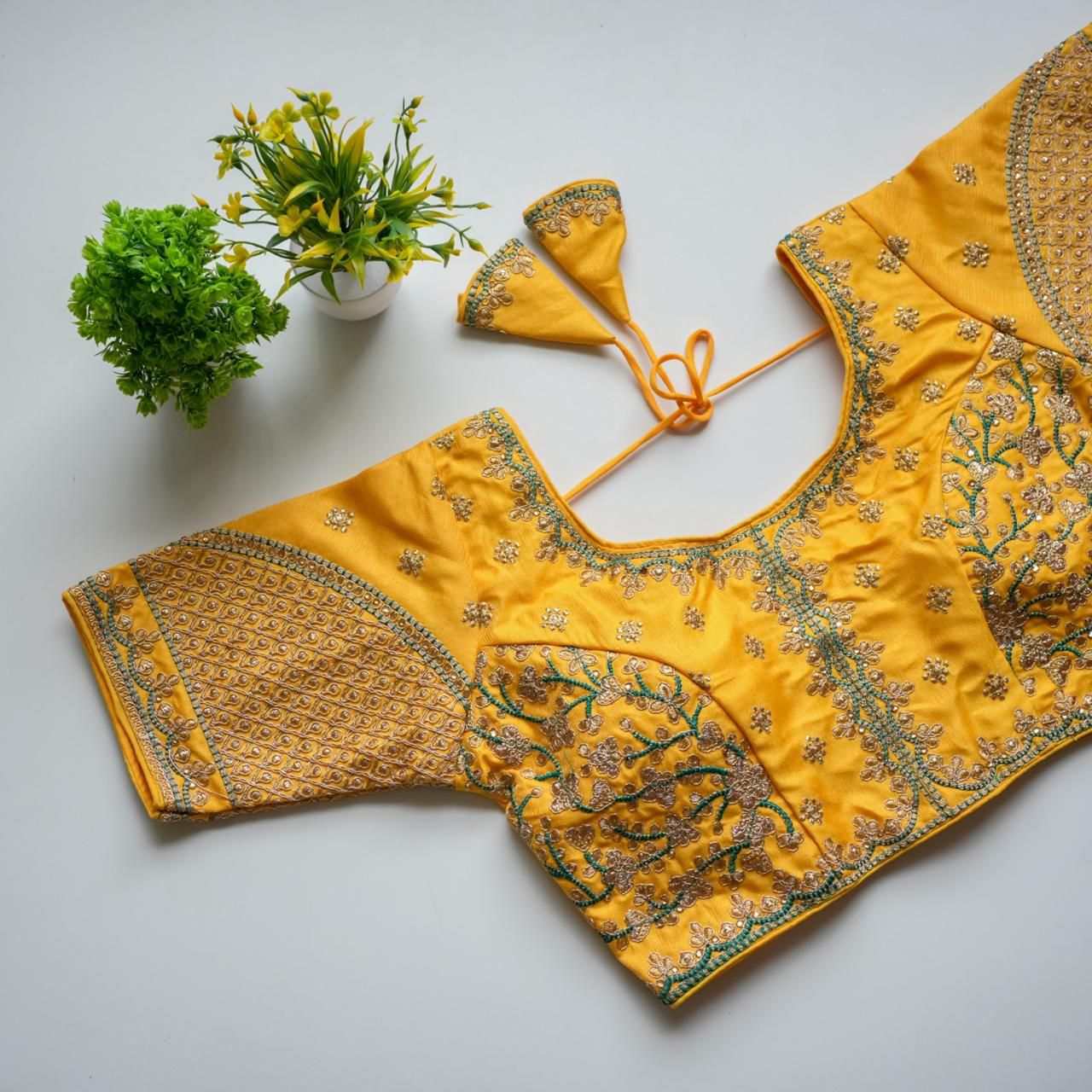 Yellow Mulmul Silk Blouse with Golden Embroidery and Sequins Secondary image