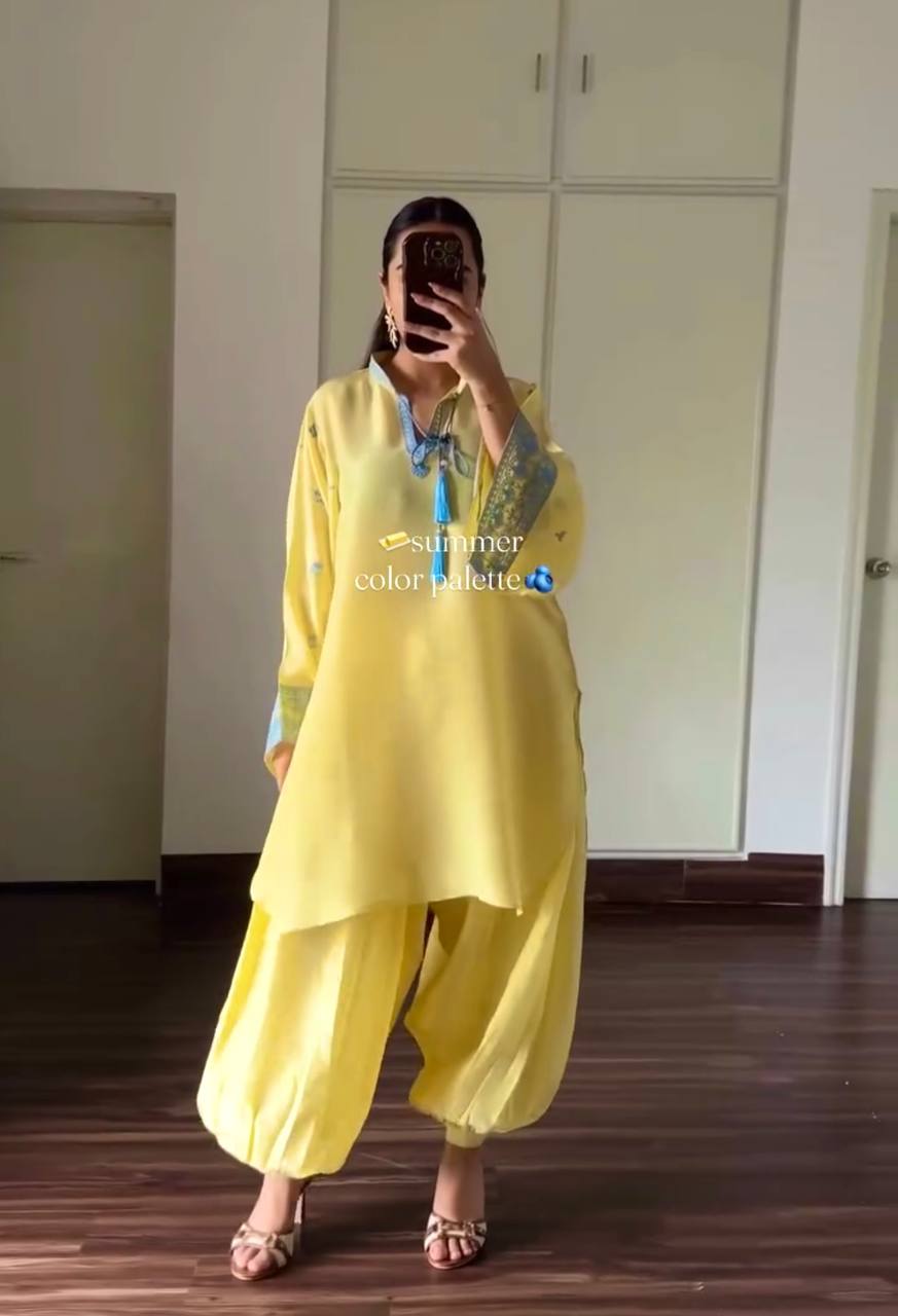 Yellow Natural Crepe Silk Suit Set ClothsVilla