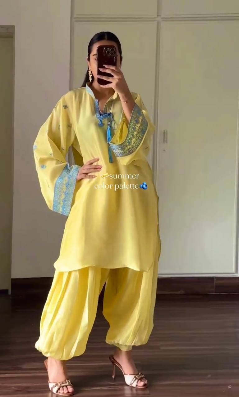 Yellow Natural Crepe Silk Suit Set ClothsVilla
