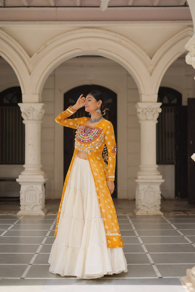 Yellow Navratri Special Bandhani Kurti with Kora Cotton Frill Lehenga Set – Full Stitched ClothsVilla