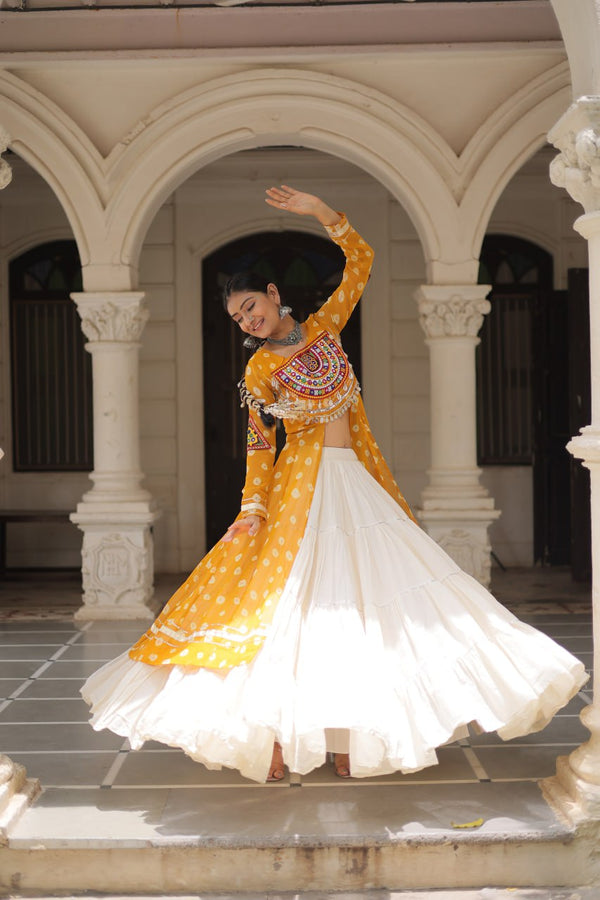 Yellow Navratri Special Bandhani Kurti with Kora Cotton Frill Lehenga Set – Full Stitched ClothsVilla