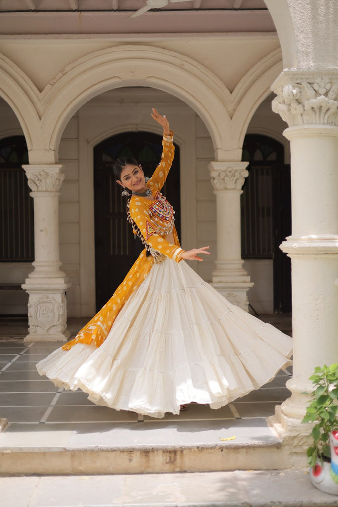 Yellow Navratri Special Bandhani Kurti with Kora Cotton Frill Lehenga Set – Full Stitched ClothsVilla