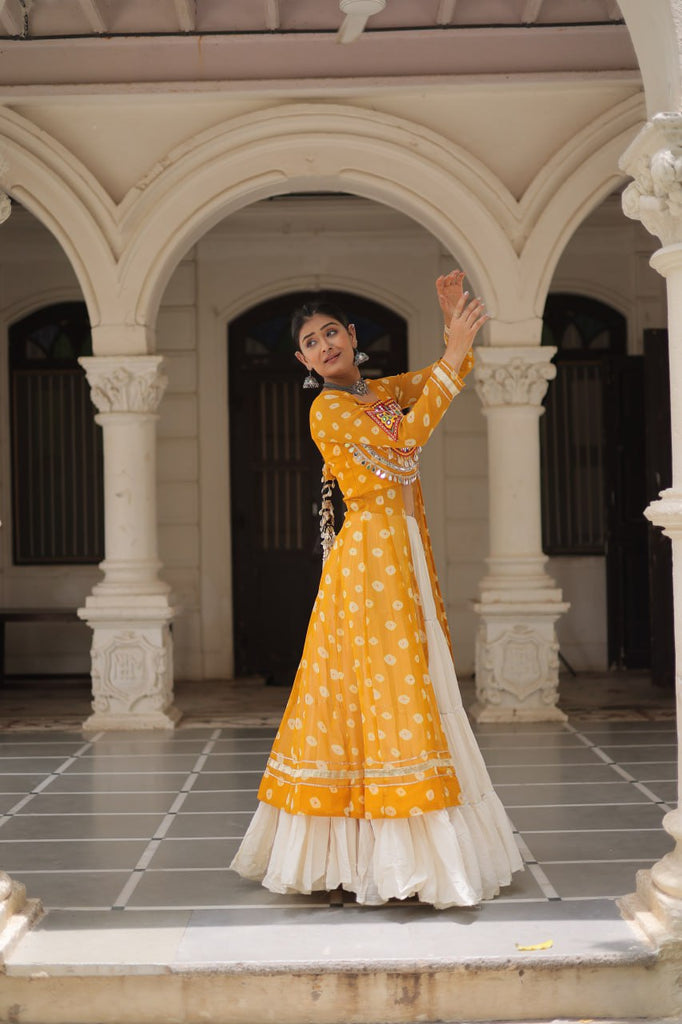 Yellow Navratri Special Bandhani Kurti with Kora Cotton Frill Lehenga Set – Full Stitched ClothsVilla
