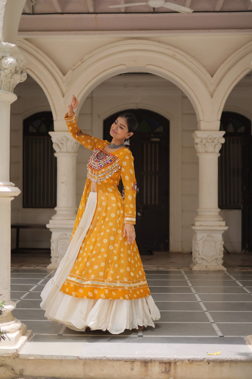 Yellow Navratri Special Bandhani Kurti with Kora Cotton Frill Lehenga Set – Full Stitched ClothsVilla